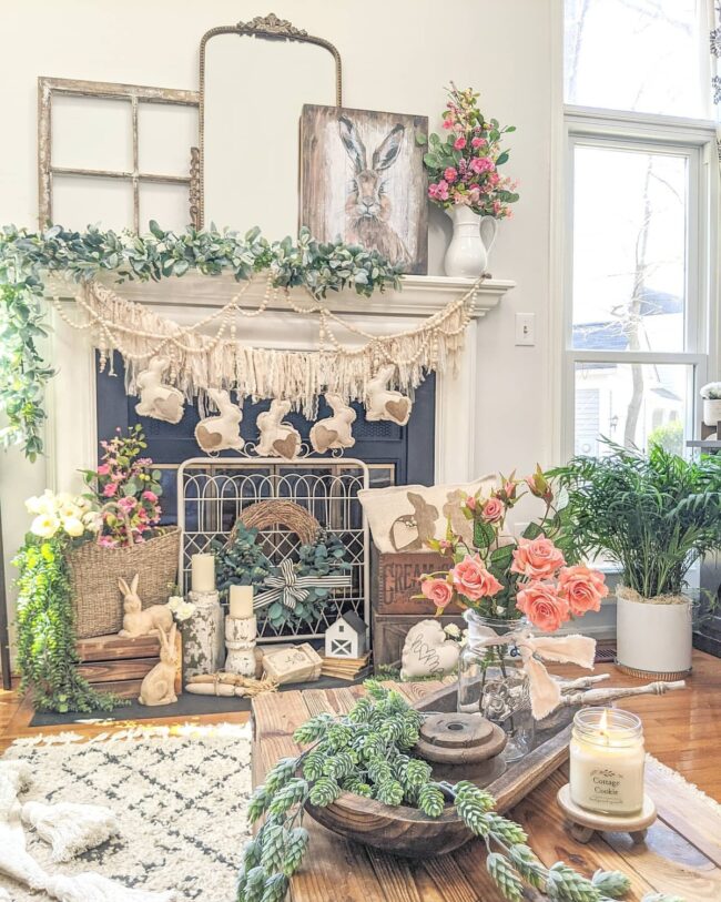 Charming Bunny Decorates Floral Mantel