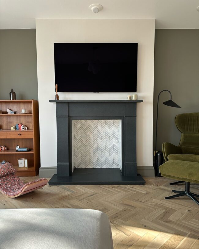 Sleek Herringbone Tile Fireplace