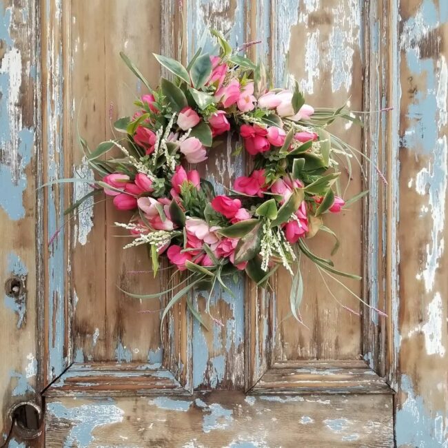 Lively Pink Tulip Wreath on Rustic Door
