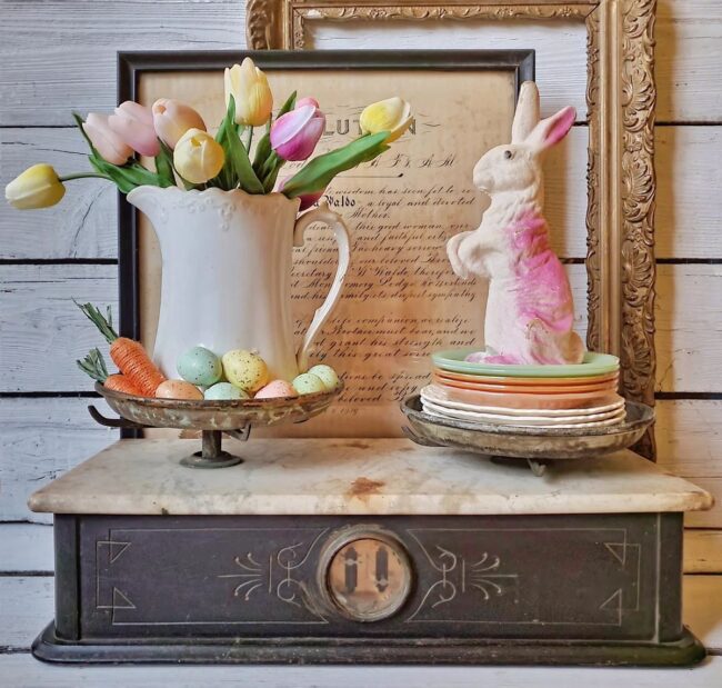 Charming Tulip Display on Vintage Scale