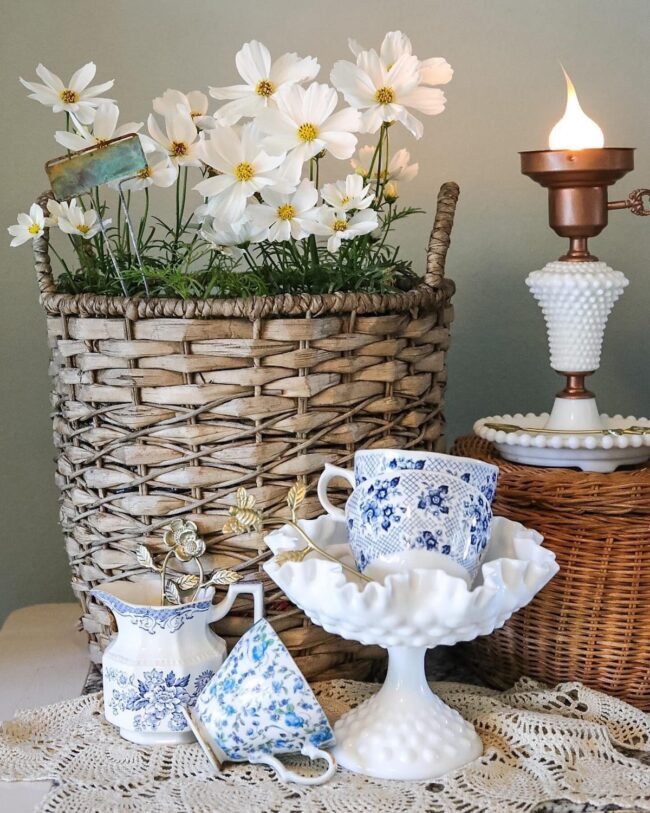 Charming Cottage Blooms with Blue Ceramics