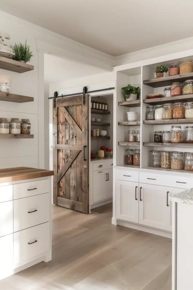 Rustic Pantry with Barn Door Design