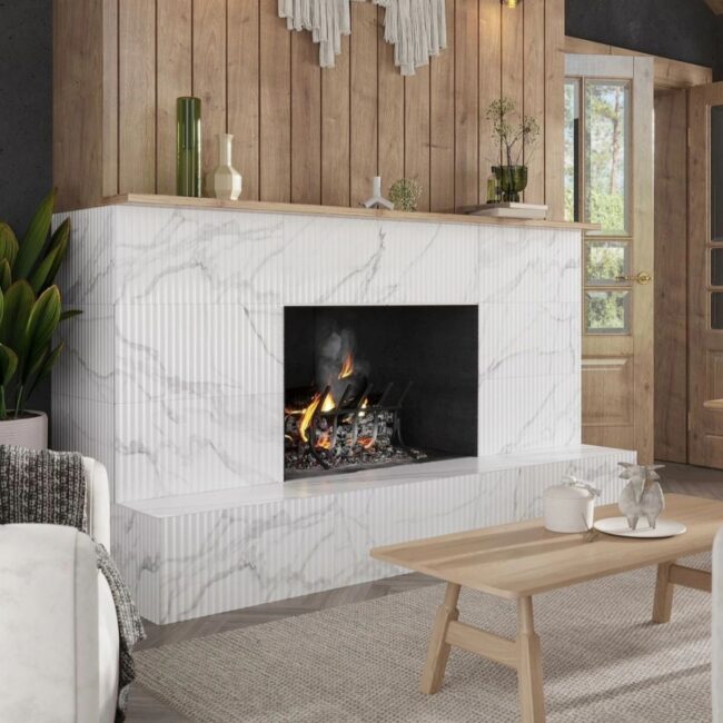 Marble-Inspired Fireplace with Wood Panels