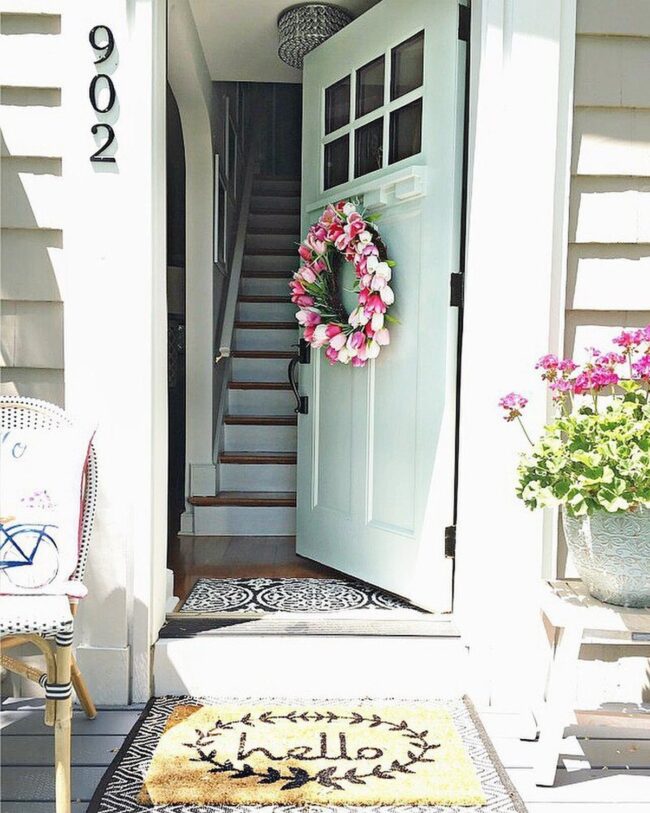 Charming Pink Tulip Wreath on Blue Door