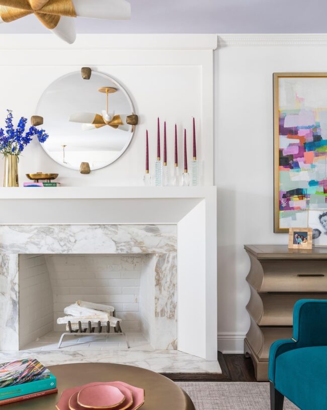 Bold Modern Mantle with Color and Statement Mirror