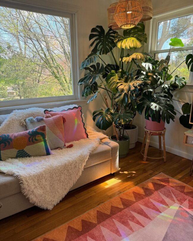 Monstera-Filled Living Room Corner