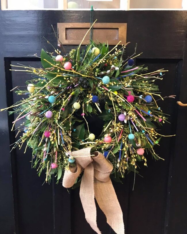 Bright Easter Egg Wreath with Burlap Accents