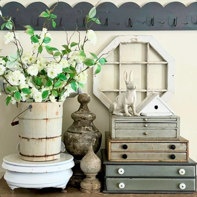 Charming Rustic Decor Featuring Bunnies and Birdhouses