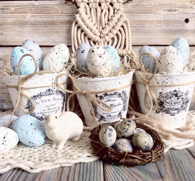 Macrame Accents Enhance Speckled Egg Decor