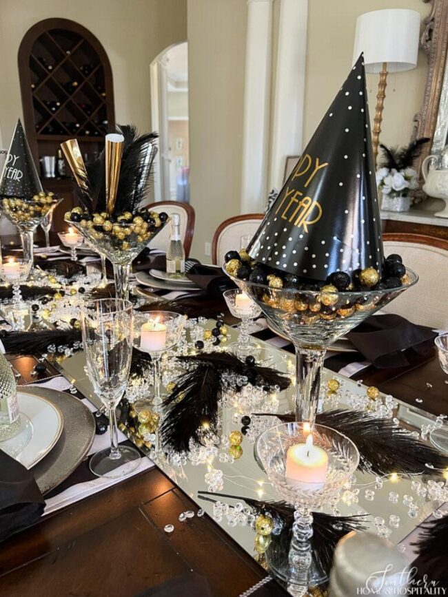 Glamorous Black and Gold Martini Glass Arrangement