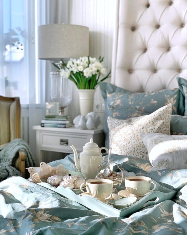 Charming Bedside Tray with Tea and Blooms
