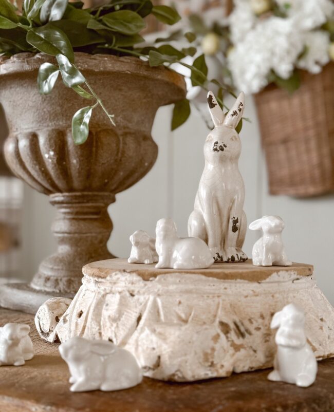 Charming Ceramic Bunnies on Rustic Stand