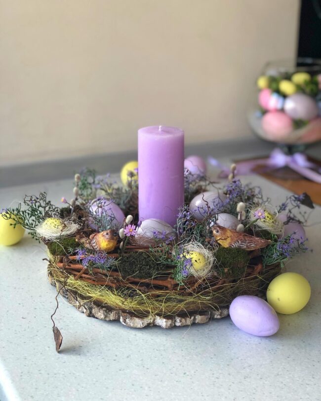 Charming Purple Candle with Nest Accents