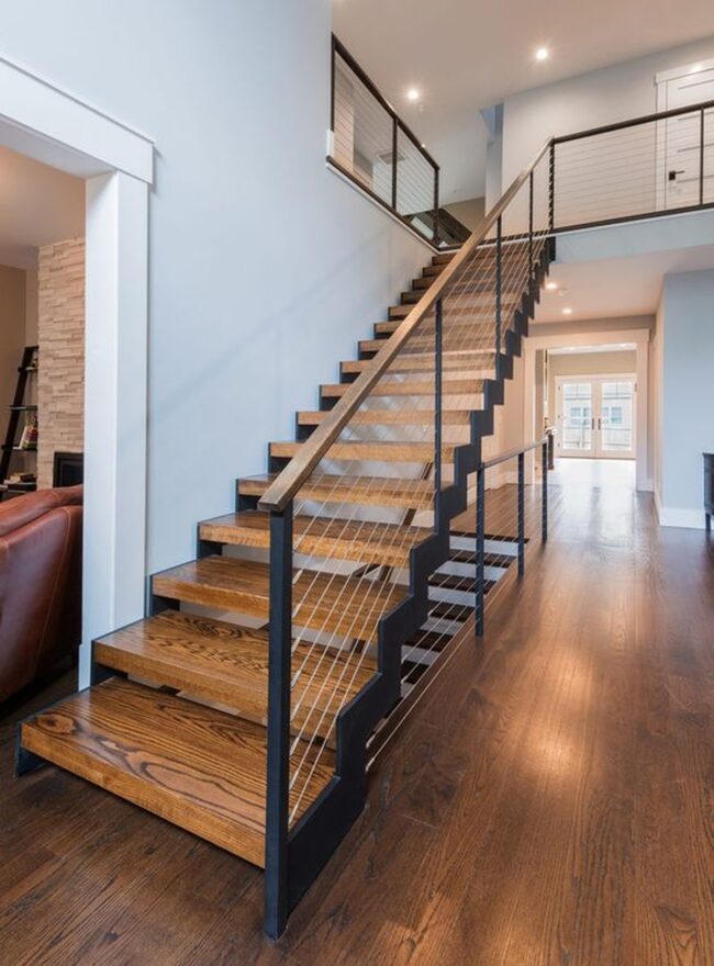 Modern Floating Staircase with Metal Railings