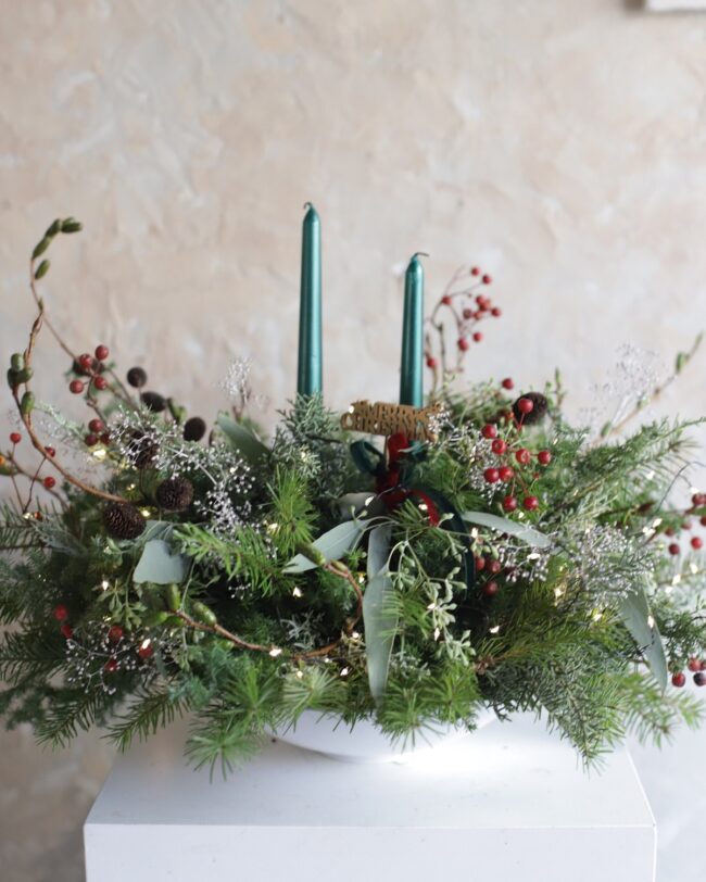Natural Winter Centerpiece with Fresh Greenery and Berries