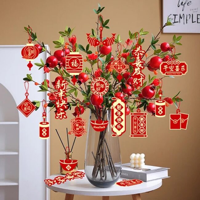 Lucky Symbols on Festive Red Ornaments