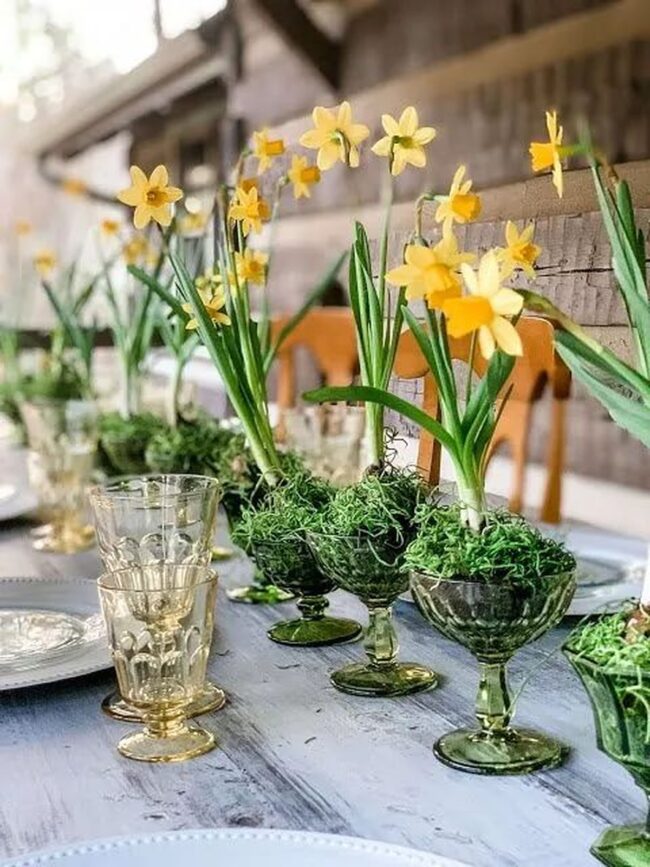 Bright Daffodil and Moss Floral Display