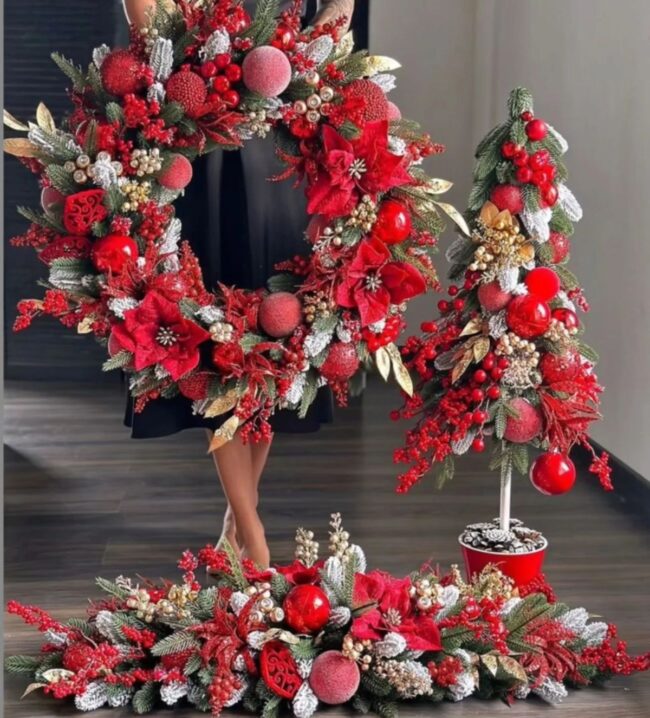 Bold Red Floral Wreath and Garland Display